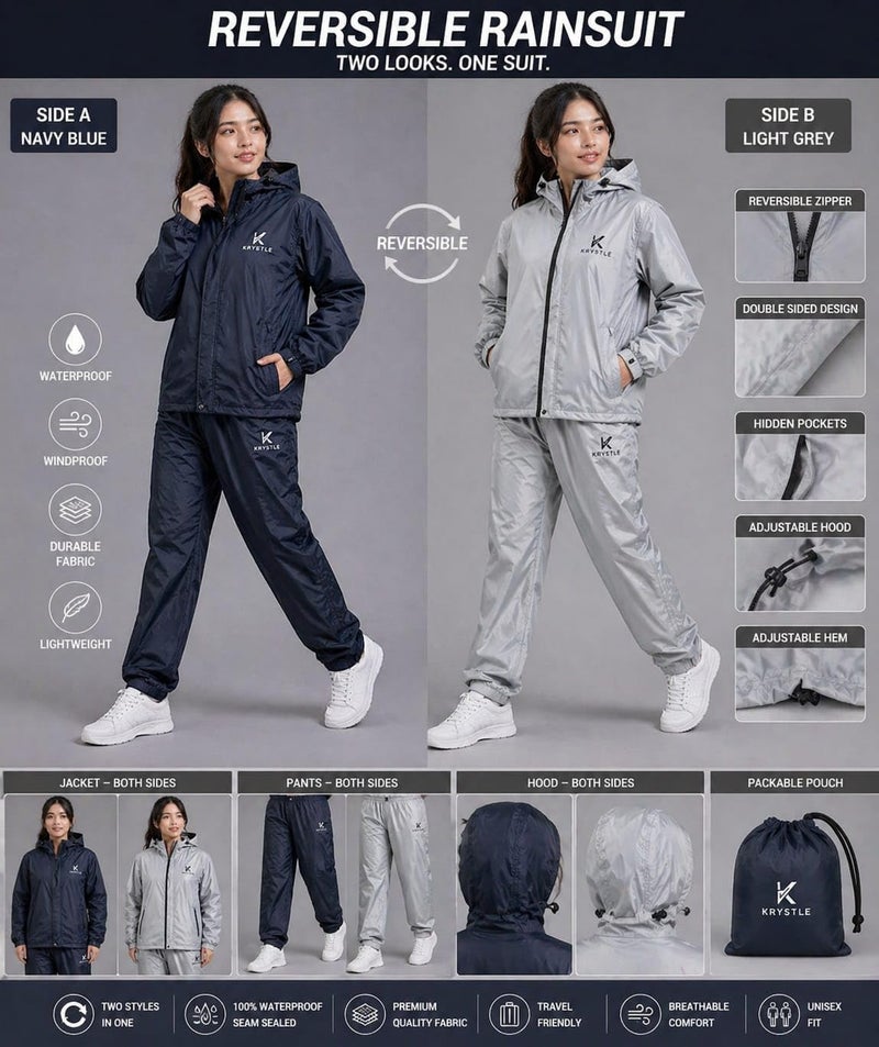 Krystle Women's Waterproof Rain Suit Set – Jacket & Pants | Windproof & Lightweight (Blue,XLarge) - Image 4