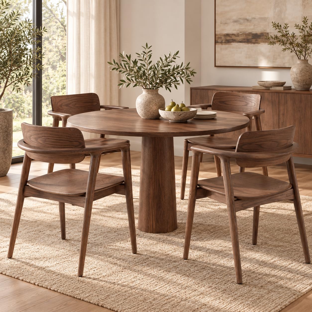 Nordica Armchair, Solid Ash Wood Dining Chair with Arms, Walnut Brown Finish, Curved Backrest, Scandinavian Mid-Century Chair for Dining Room, Café & Office (Set of 4)