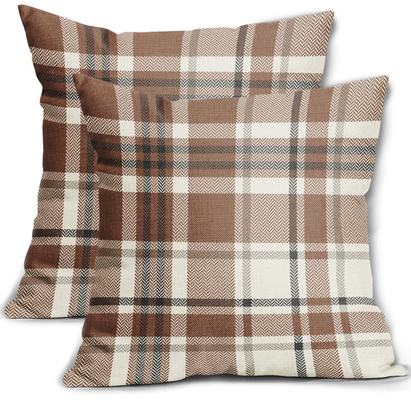 Aytipun Brown Buffalo Plaid Pillow Covers 18x18 Set of 2 Checkered Tartan Decorative Pillowcases Christmas Holiday Seasonal Outdoor Neutral Rustic Farmhouse Throw Cushion Case Decor for Couch Sofa Bed - Image 1