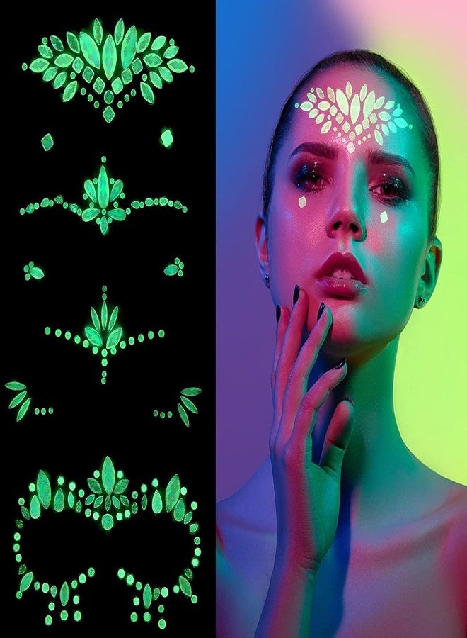 Much Hotter Face Gems Stickers, Glow In The Dark Face Jewels Glitter Stickers Temporary Tattoos Eyes Body Paint Gems For Black Light Neon Uv Music Festival Rave Accessories Concert Graduation Party Makeup - Image 2
