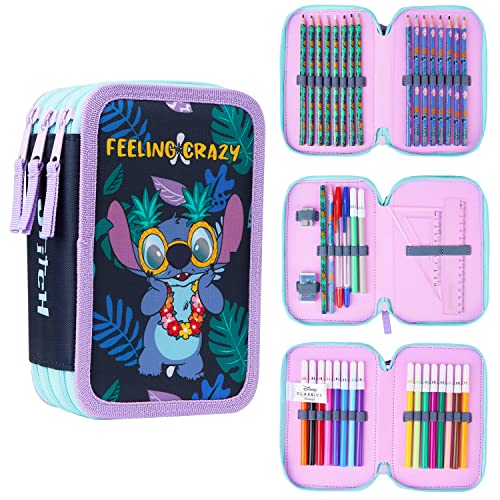 Disney Stitch Filled Pencil Case with Colored Pencils Markers Gifts for Girls Kids Stationery School Art Supplies Pouch Holder Organizer Multi Stitch Triple Zip - Image 1