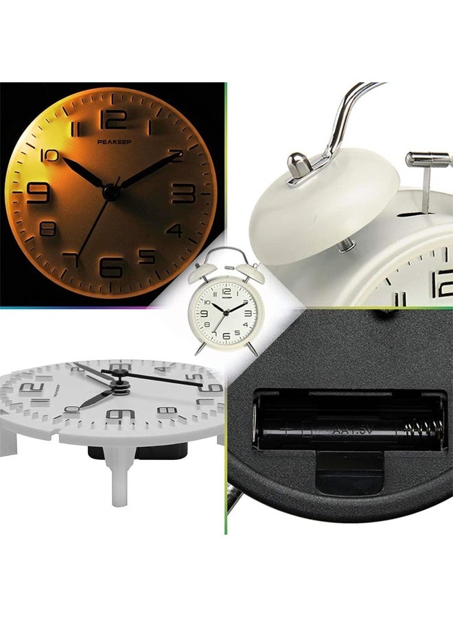 DUNISO 4-inch Dual-bell Alarm Clock for Deep Sleepers, No-tick Nighttime Backlight Battery Powered, Powerful Wake-up (White) - Image 3