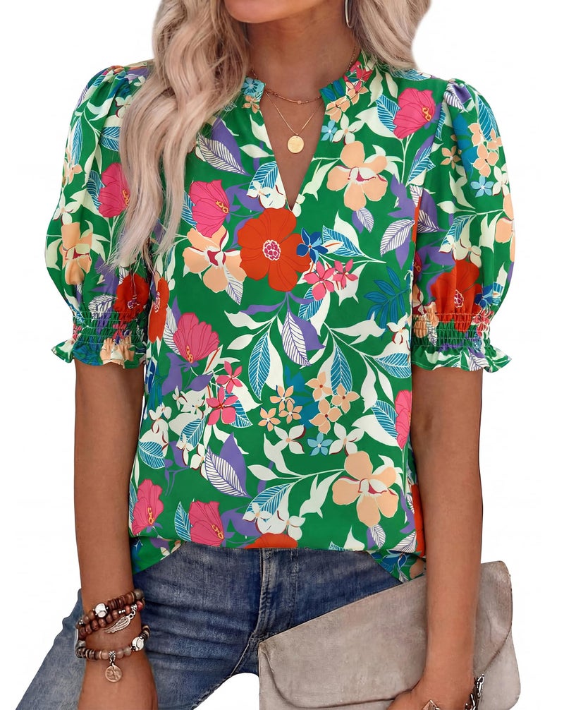 BTFBM Summer Blouses for Women Dressy Casual 2026 Fashion Spring Tops Floral Boho V Neck Puff Short Sleeve Top Shirts(Floral Green Multi, Small) - Image 1