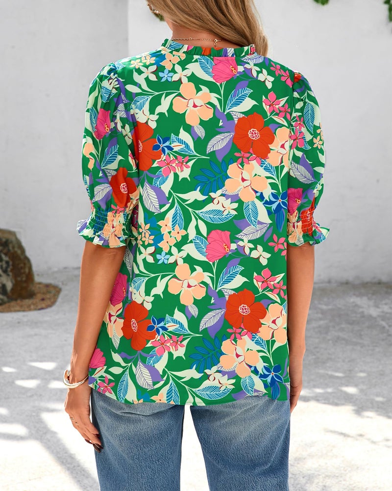 BTFBM Summer Blouses for Women Dressy Casual 2026 Fashion Spring Tops Floral Boho V Neck Puff Short Sleeve Top Shirts(Floral Green Multi, Small) - Image 3
