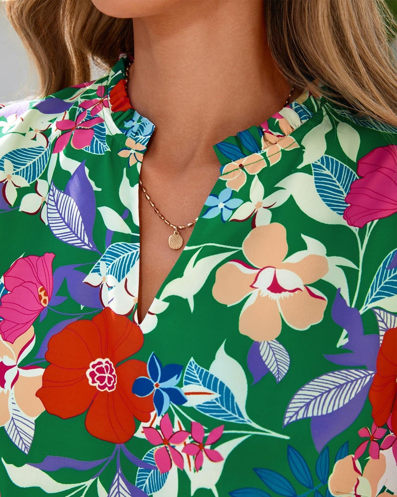 BTFBM Summer Blouses for Women Dressy Casual 2026 Fashion Spring Tops Floral Boho V Neck Puff Short Sleeve Top Shirts(Floral Green Multi, Small) - Image 5