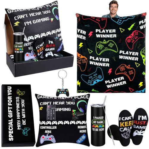 Ziliny 6 Pcs Gamer Gifts Sets for Boys Valentines Day Gaming Throw Blanket Tumblers Funny Pillow Covers Socks Keychain and Gifts Box for Boys Valentines Day Men Teen Gamer Lover