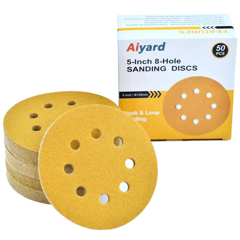 Aiyard 5-Inch 8-Hole Hook and Loop Sanding Discs 100-Grit Random Orbit Sandpaper, 50-Pack - Image 1