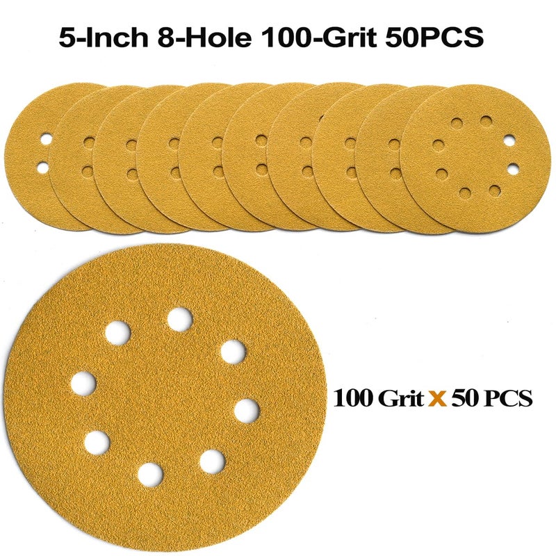 Aiyard 5-Inch 8-Hole Hook and Loop Sanding Discs 100-Grit Random Orbit Sandpaper, 50-Pack - Image 3