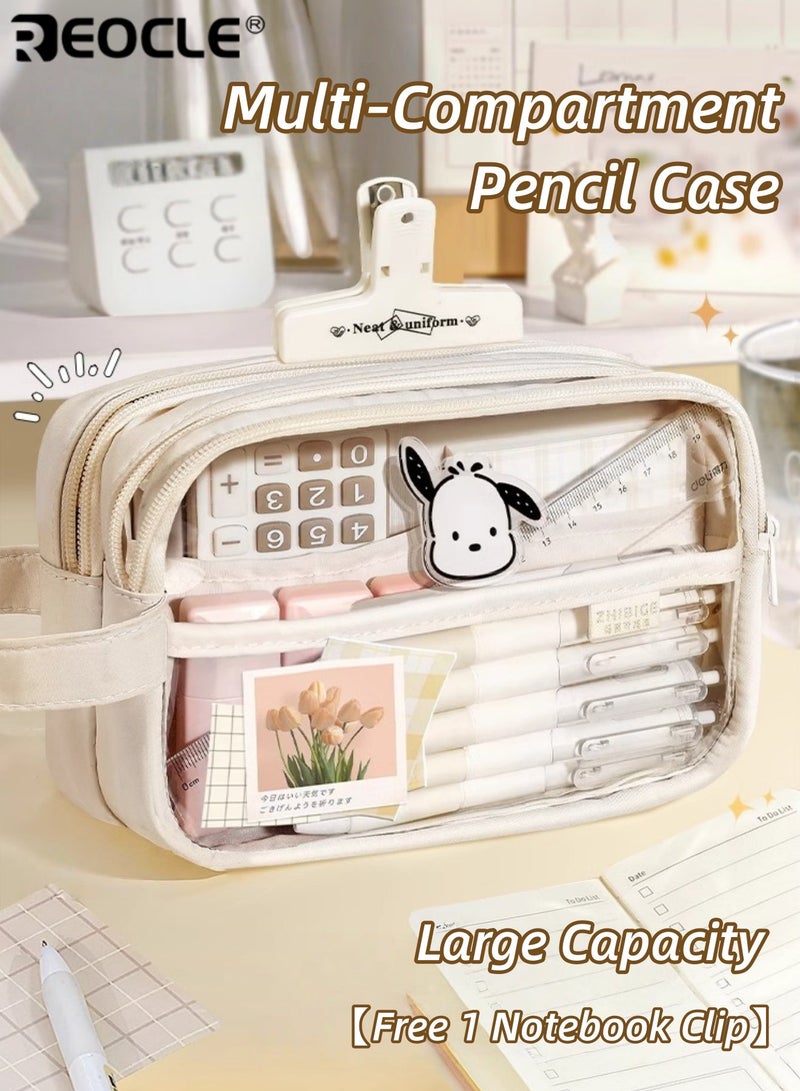 REOCLE Large Capacity Pencil Pouch Multi-Compartment Functional Pencil Case with Attachable Clip Accessory Spacious Organized Storage for Daily Stationery & Small Desk Items - Image 1