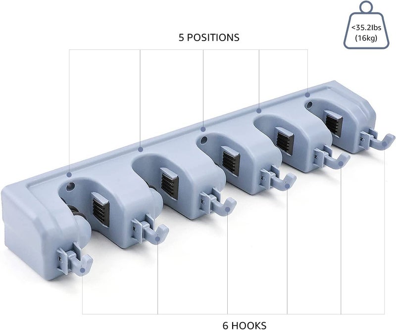 Crownish Plastic 5 Position 6 Hooks Mop and Broom Holder Wall Hanging 5 Slots with 6 Inbuilt Hanging Hooks 17 X 3 X 25 in Grey - Image 2