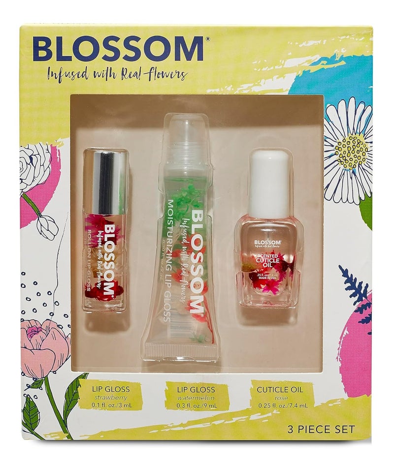 Blossom Scented Roll on Lip Gloss, Moisturizing Lip Gloss Tubes, Hydrating & Strengthening Scented Cuticle Oil with Real Flowers, 0.55 fl oz./19.4mL, 3 pack Gift Set, Strawberry/Watermelon/Rose
