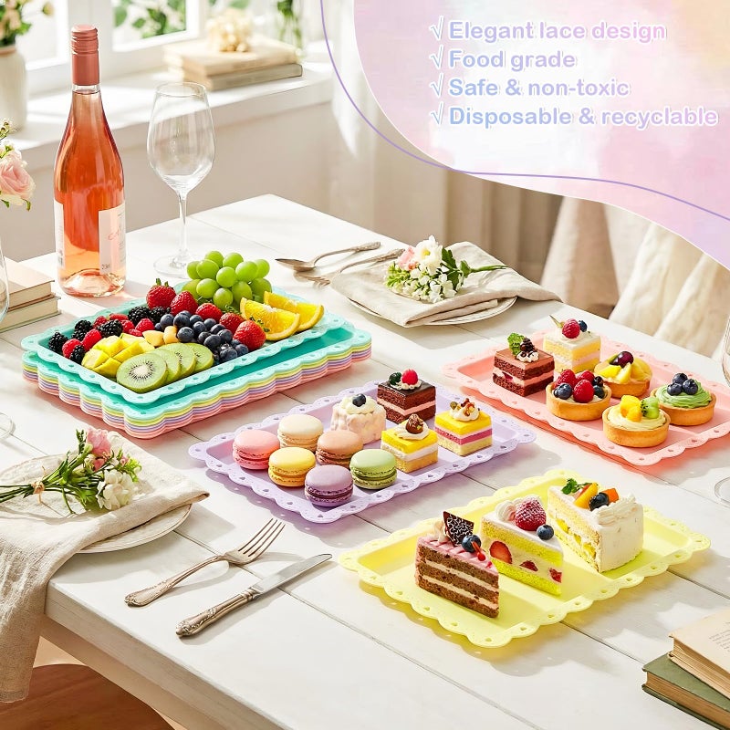 Yaomiao 12 Pcs Plastic Serving Trays for Party Food Tray Bulk 14" x 9" Rectangle Serving Food Tray Platter for Tea Party Cafeteria Kitchen Restaurant Dessert Kitchen Coffee Fruit Cookie Snack - Image 3