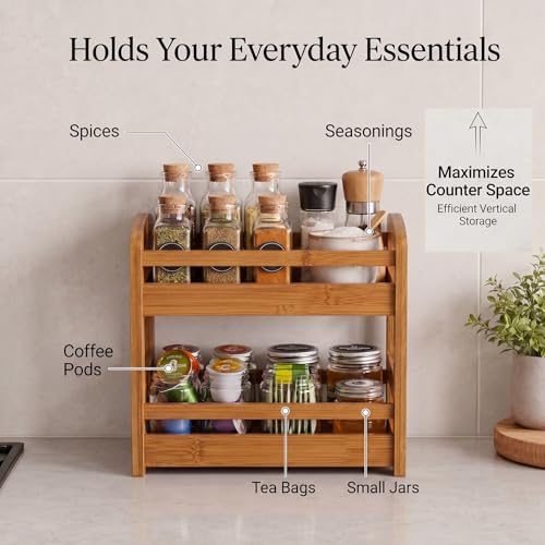 Briful 2 Tier Bamboo Spice Rack Organizer for Countertop Small Kitchen Shelf for Spices Coffee Bar Pantry Cabinet Organization Brown - Image 3