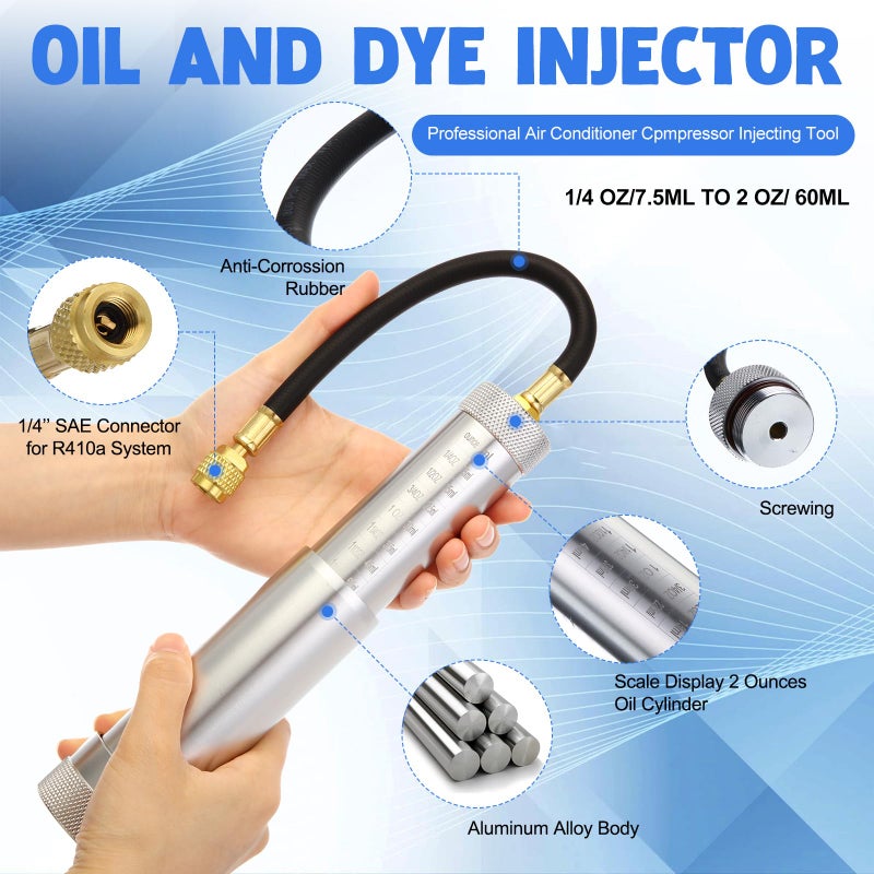 Glooglitter A/c Leak Detector Kit, UV Oil Dye Injector Kit with Adjustable Coupler and Oil Checkers and Leak Detector with UV Light and Protective Glasses for R134a R1234yf Refrigerant System - Image 2