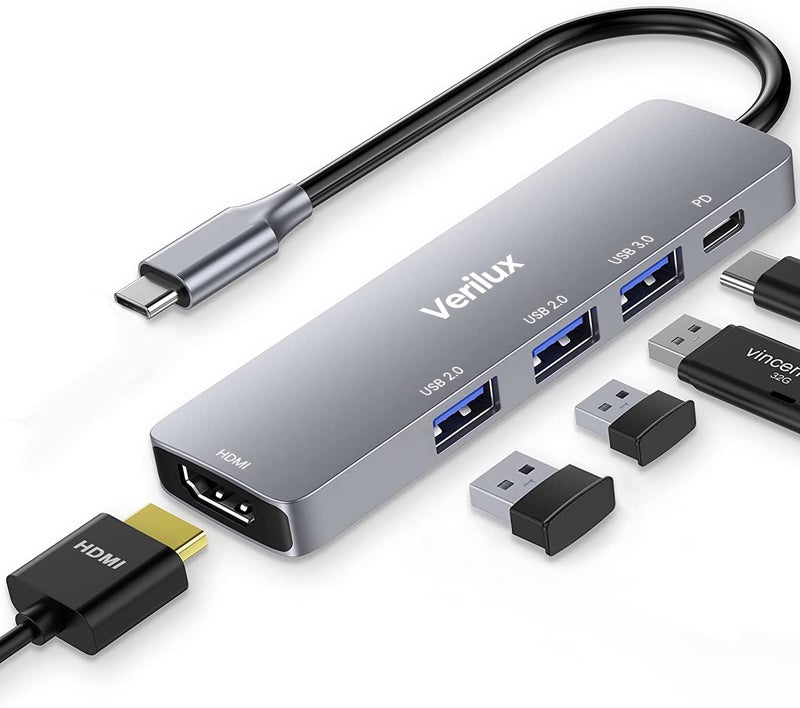 Verilux® USB C Hub,5 in 1 Type C Hub Portable Aluminum Multiport USB Adapter with 4K@30Hz HDMI Output,2.0/3.0 Ports,USB 55W PD Compatible with MacBook Pro/Air/M1,Dell XPS Devices - Image 1