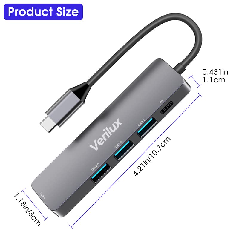 Verilux® USB C Hub,5 in 1 Type C Hub Portable Aluminum Multiport USB Adapter with 4K@30Hz HDMI Output,2.0/3.0 Ports,USB 55W PD Compatible with MacBook Pro/Air/M1,Dell XPS Devices - Image 2