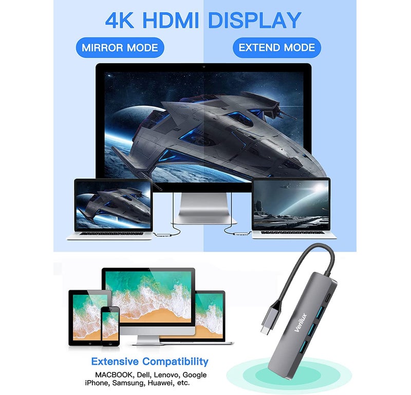 Verilux® USB C Hub,5 in 1 Type C Hub Portable Aluminum Multiport USB Adapter with 4K@30Hz HDMI Output,2.0/3.0 Ports,USB 55W PD Compatible with MacBook Pro/Air/M1,Dell XPS Devices - Image 3