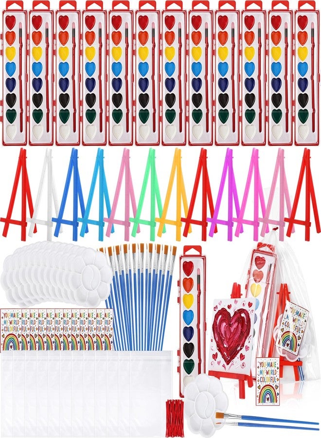 YooNotee 12 Pack Mini Painting Set for Adults 12 Heart Shaped Watercolor Paint Set 8 Colors 12 Small Easels 24 Paintbrushes 12 Palettes 12 Blank Canvases and Other Tool Gift for Birthday Party - Image 1