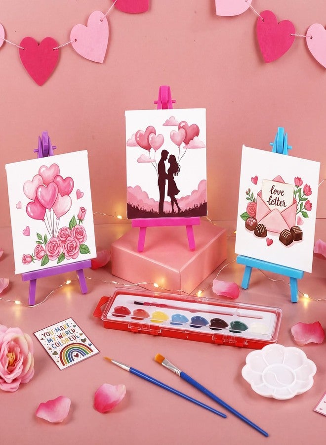 YooNotee 12 Pack Mini Painting Set for Adults 12 Heart Shaped Watercolor Paint Set 8 Colors 12 Small Easels 24 Paintbrushes 12 Palettes 12 Blank Canvases and Other Tool Gift for Birthday Party - Image 4