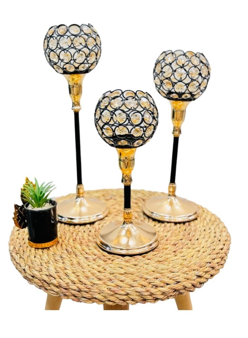 3PC Metal & Crylic Crystal Candle Holder Set black & gold 25 - 30 - 35 cm