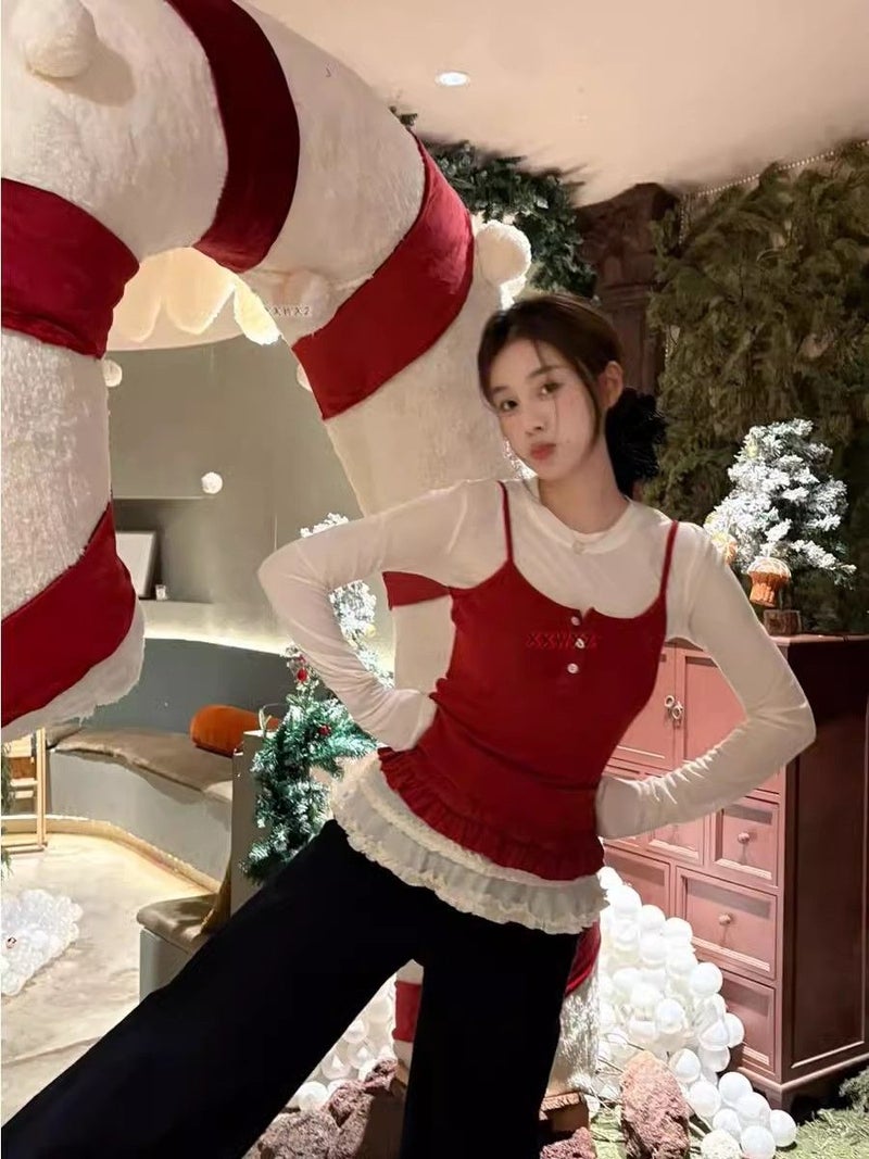 [] South Korea Early Spring Sweet Stitching Long Sleeve Base Shirt Sling Stacked Vest Two-Piece Set - Image 4
