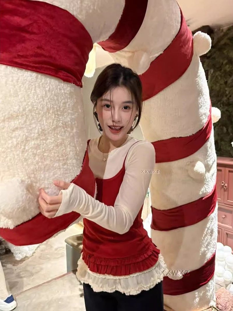 [] South Korea Early Spring Sweet Stitching Long Sleeve Base Shirt Sling Stacked Vest Two-Piece Set - Image 5