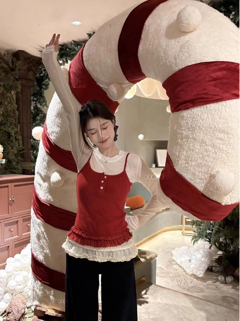 [] South Korea Early Spring Sweet Stitching Long Sleeve Base Shirt Sling Stacked Vest Two-Piece Set - Image 2