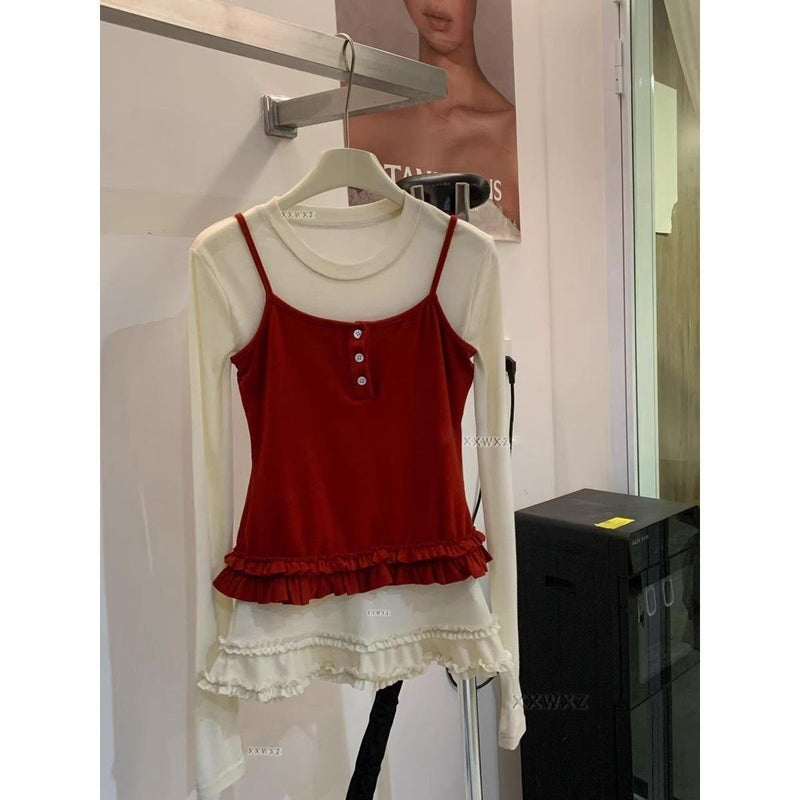 [] South Korea Early Spring Sweet Stitching Long Sleeve Base Shirt Sling Stacked Vest Two-Piece Set - Image 1