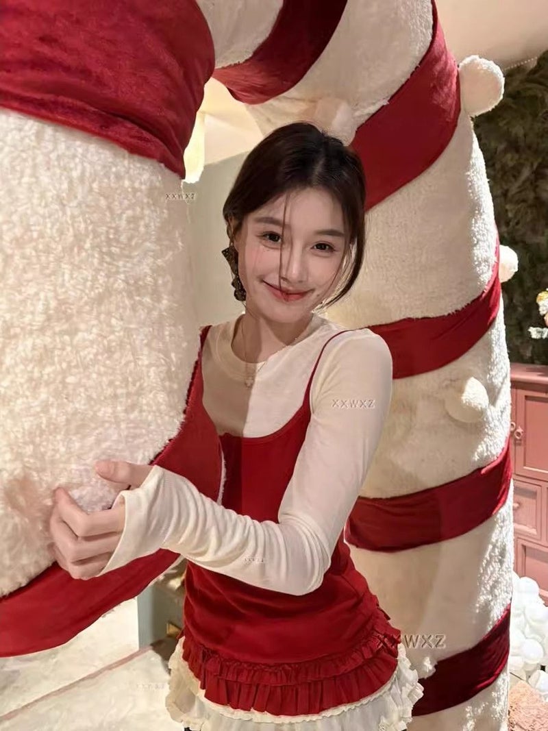 [] South Korea Early Spring Sweet Stitching Long Sleeve Base Shirt Sling Stacked Vest Two-Piece Set - Image 3