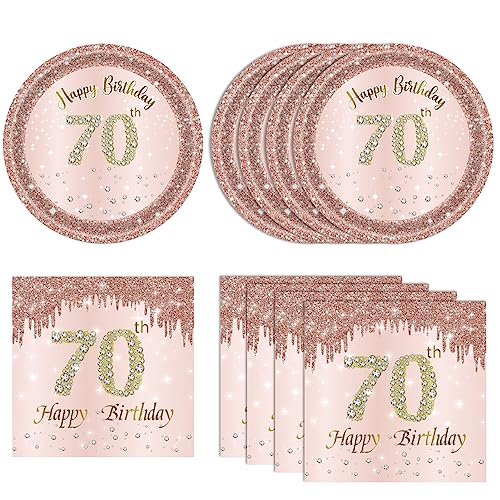 KHAIVI 40Pcs 70th Birthday Decorations for Women Rose Gold 70 Year Old Birthday Decorations Include 70th Birthday Paper Plates and Napkins Set1956 Disposable Tableware Party Supplies Kit For Girl Ladies - Image 1