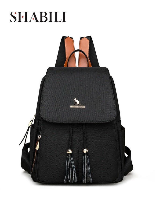 SHABILI Women Nylon Backpack College Bag Tourist Bag Ladies Bag, Ladies Large Capacity Multi Pocket Tassel Stitch Pack for Teenager Youth Casual Party Travel, Lightweight Water Repellent Rucksack (Black) - Image 1