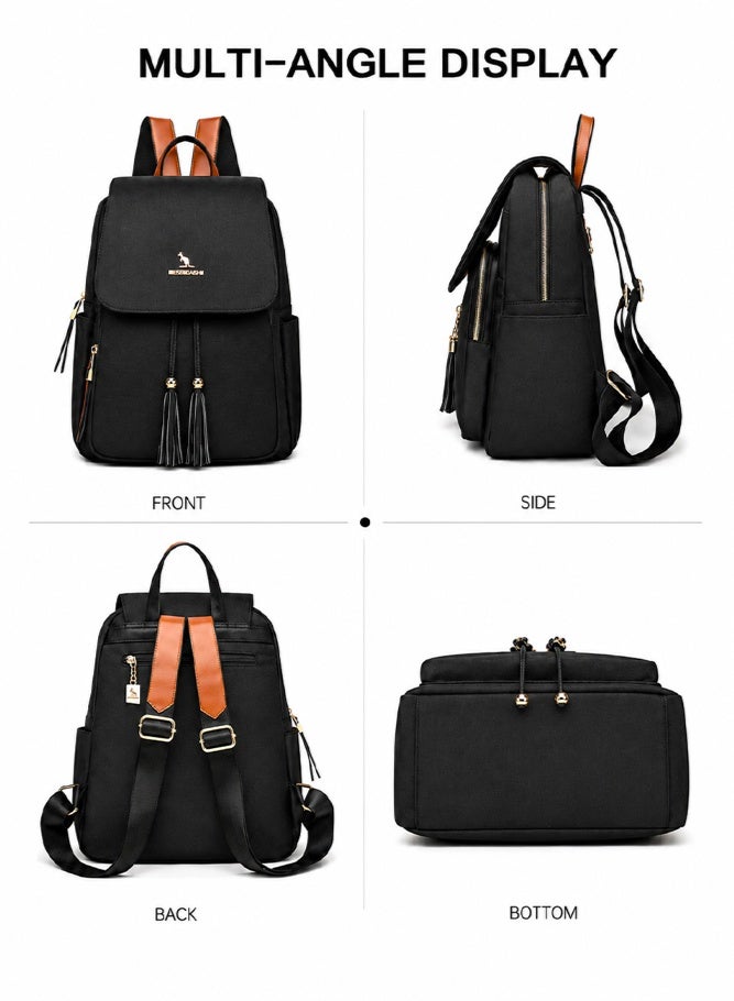 SHABILI Women Nylon Backpack College Bag Tourist Bag Ladies Bag, Ladies Large Capacity Multi Pocket Tassel Stitch Pack for Teenager Youth Casual Party Travel, Lightweight Water Repellent Rucksack (Black) - Image 4