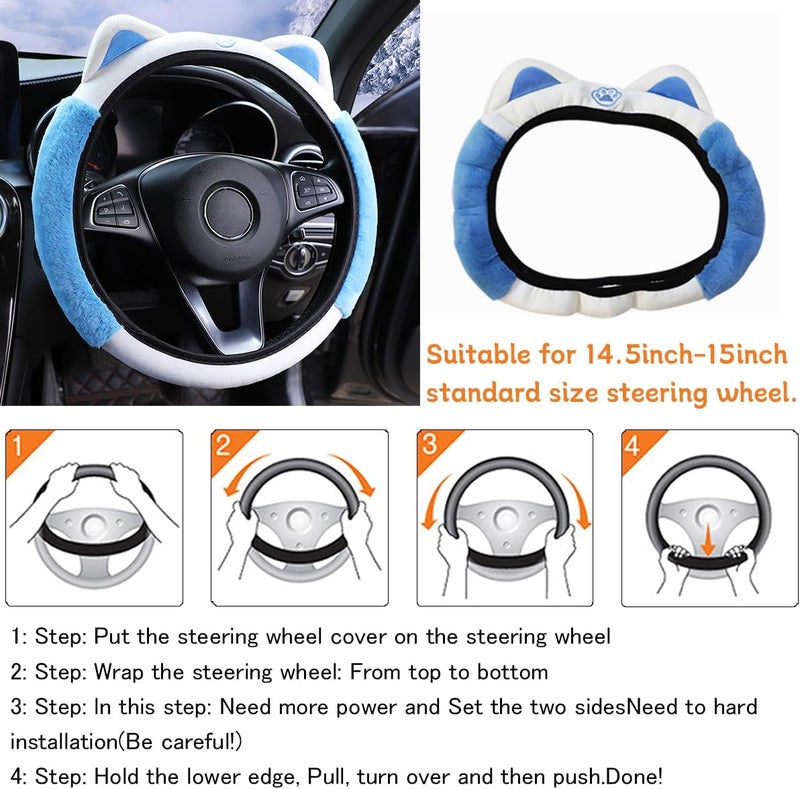 Bittwee Car Steering Wheel Cover, Fluffy Soft Plush for Winter Warm, Cute Steering Wheel Protector with Kitty Cat Ears, Universal 15 Inch, Elastic & Anti-Slip, Lovely Decor Car Accessories (Blue) - Image 5