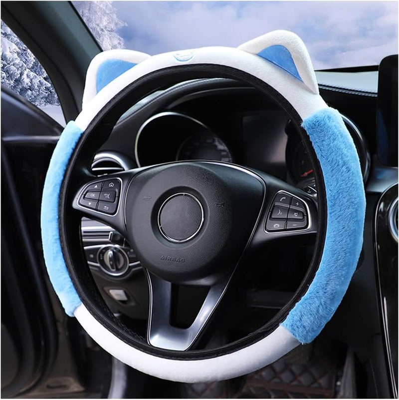 Bittwee Car Steering Wheel Cover, Fluffy Soft Plush for Winter Warm, Cute Steering Wheel Protector with Kitty Cat Ears, Universal 15 Inch, Elastic & Anti-Slip, Lovely Decor Car Accessories (Blue) - Image 1