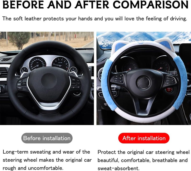 Bittwee Car Steering Wheel Cover, Fluffy Soft Plush for Winter Warm, Cute Steering Wheel Protector with Kitty Cat Ears, Universal 15 Inch, Elastic & Anti-Slip, Lovely Decor Car Accessories (Blue) - Image 2