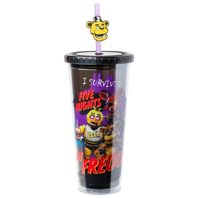 Silver Buffalo Five Nights at Freddy's Plastic Cold Cup with Lid and Straw Topper Featuring Freddy Fazbear, Foxy, Chica, and Bonnie, 24 Ounces - Image 1