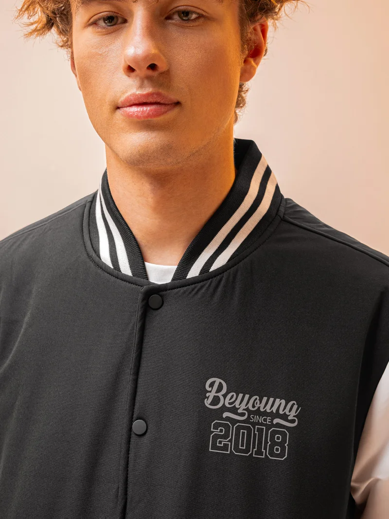 Beyoung Black Solid Varsity Jacket for Men
