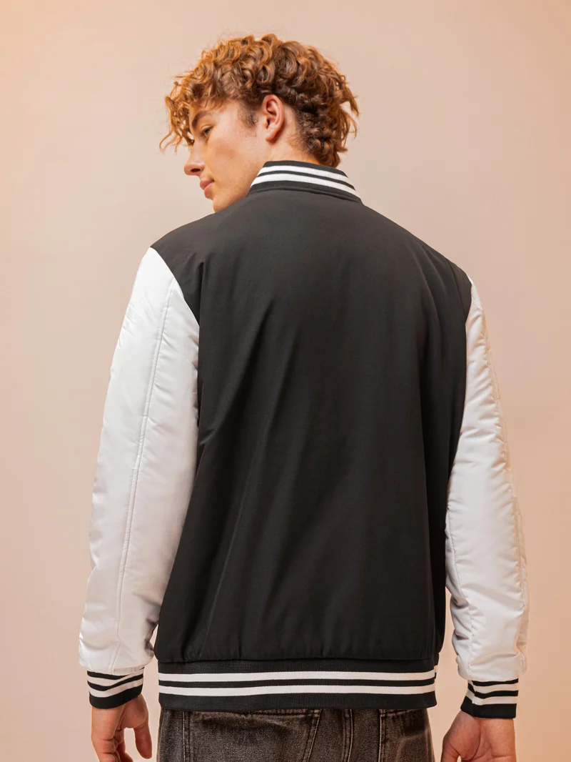 Beyoung Black Solid Varsity Jacket for Men