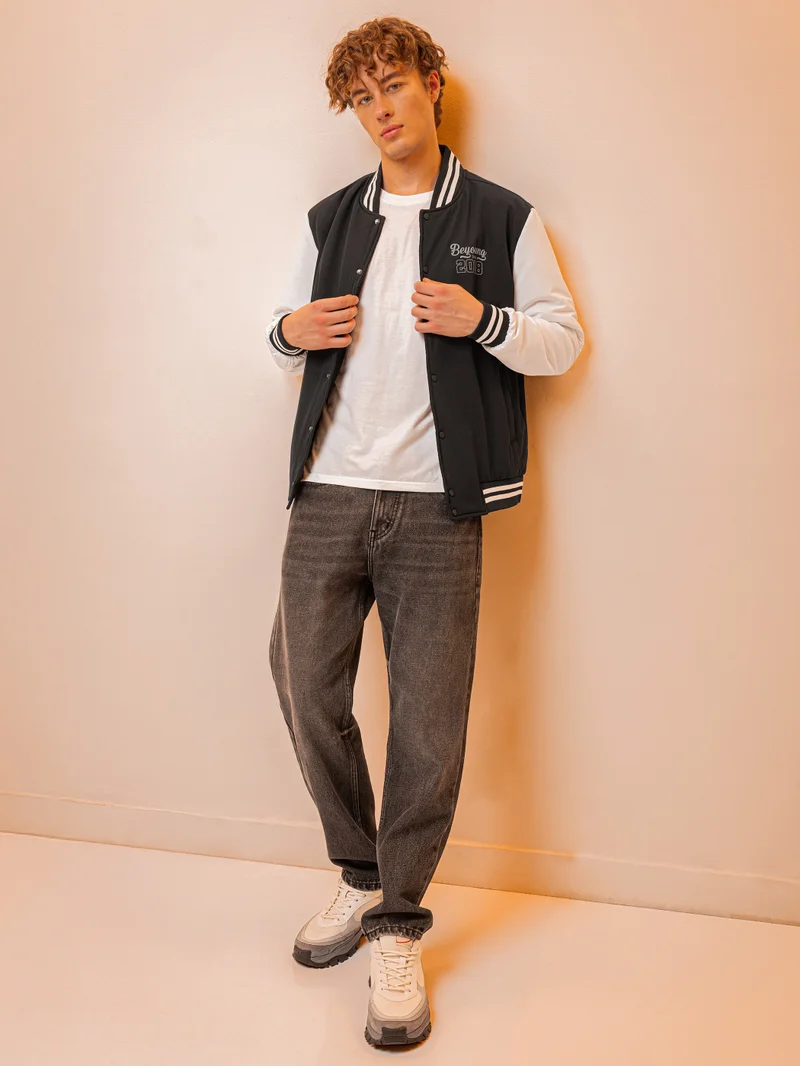 Beyoung Black Solid Varsity Jacket for Men