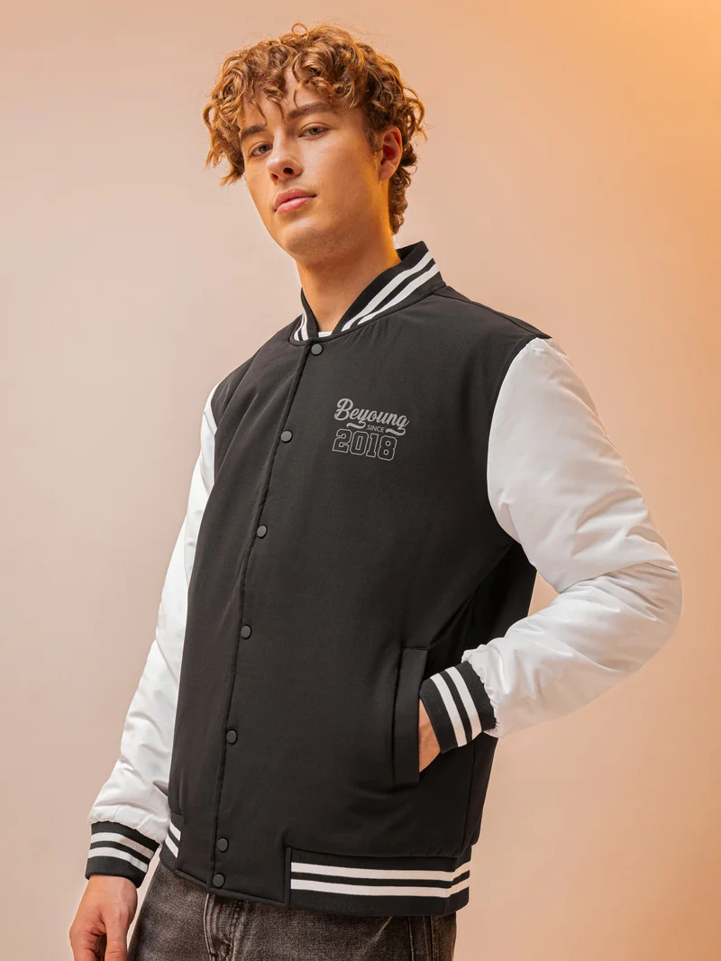 Beyoung Black Solid Varsity Jacket for Men