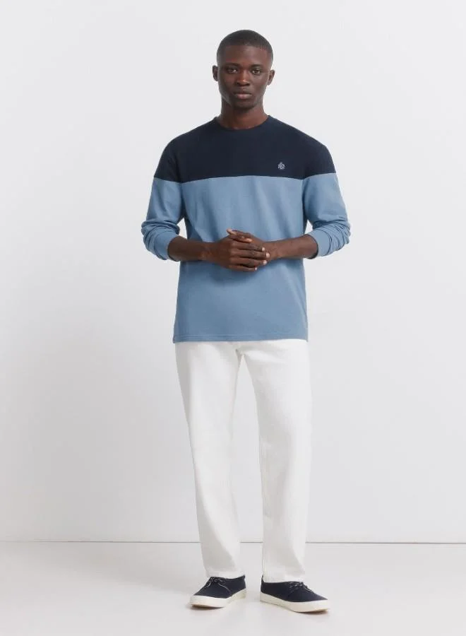 Springfield Cotton long sleeve regular fit two-tone colour block ribbed round neck T-shirt with embroidered Springfield logo on the chest
