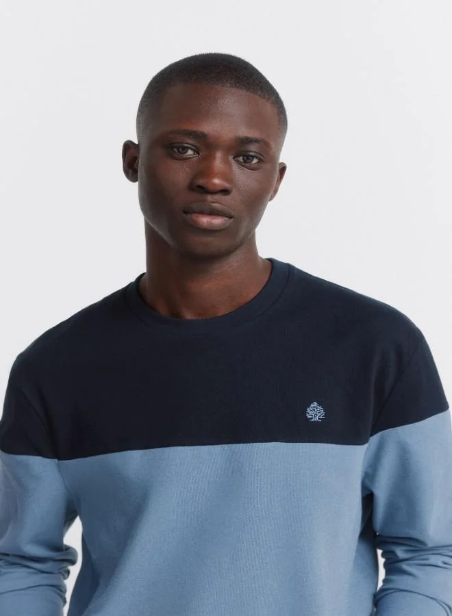 Springfield Cotton long sleeve regular fit two-tone colour block ribbed round neck T-shirt with embroidered Springfield logo on the chest