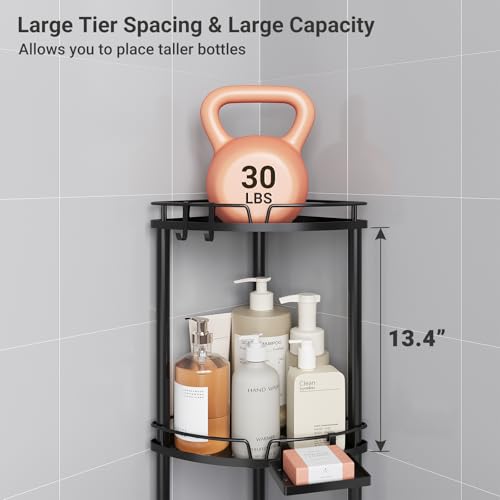 ELYKEN Corner Shower Caddy Standing, 3 Tier Rustproof Metal Shower Organizer with Soap Holder, Floor Shower Corner Shelf Rack Storage Stands with Adjustable Feet & 2 Hooks for Bathroom, Black - Image 3