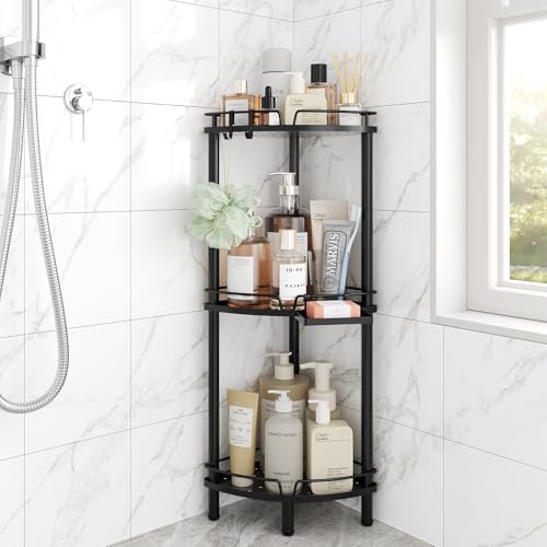 ELYKEN Corner Shower Caddy Standing, 3 Tier Rustproof Metal Shower Organizer with Soap Holder, Floor Shower Corner Shelf Rack Storage Stands with Adjustable Feet & 2 Hooks for Bathroom, Black - Image 1