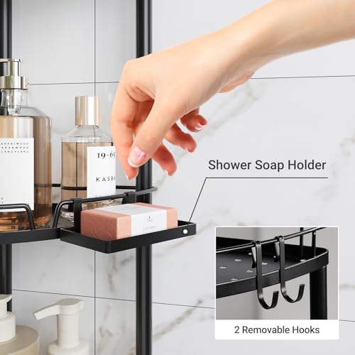 ELYKEN Corner Shower Caddy Standing, 3 Tier Rustproof Metal Shower Organizer with Soap Holder, Floor Shower Corner Shelf Rack Storage Stands with Adjustable Feet & 2 Hooks for Bathroom, Black - Image 4