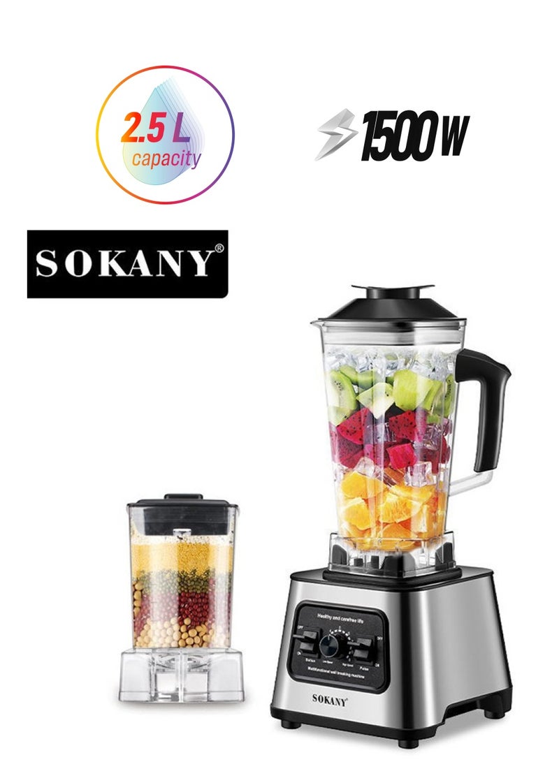 sokany Electric Countertop Blender, Multifunction Mixer, Juicer, Grinder, with 2 Cups, 2.5L, 9-Speeds, SK-999, Silver  - Image 1