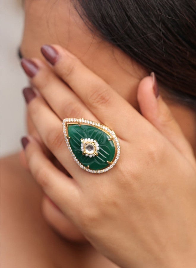 Binnis Wardrobe Gold-Plated Kundan Studded & Pearls Beaded Adjustable Finger Ring - Image 2