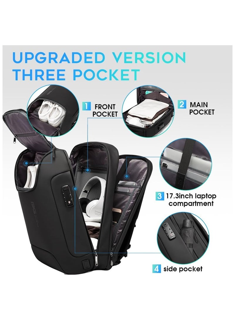 BANGE BANGE Anti Theft Backpack with USB charging Port,Lightweight Business Backpack for Men and Women  Black(3 pocket for travel)  - Image 2