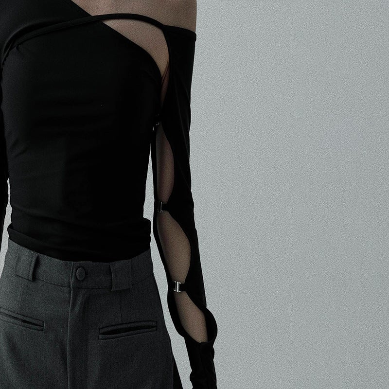 Export Design Street Slope Collar Cut Out Metal Slim Long-Sleeved Top T-Shirt For Women - Image 5