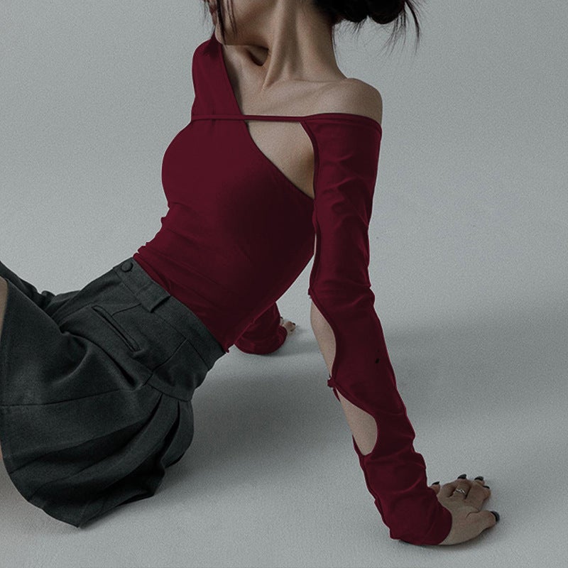 Export Design Street Slope Collar Cut Out Metal Slim Long-Sleeved Top T-Shirt For Women - Image 2